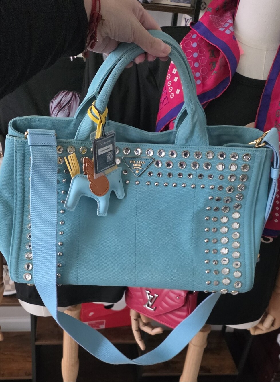 Prada Turquoise Studded Canvas Tote With COA